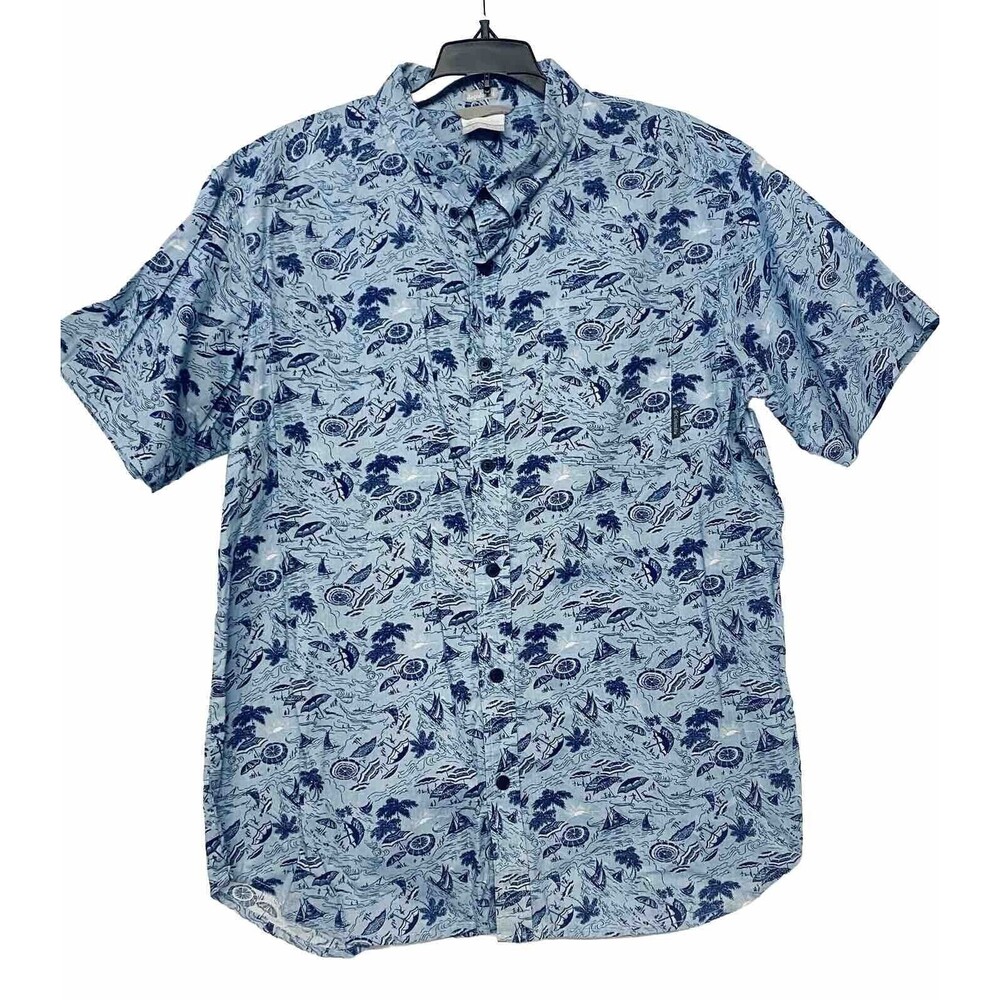 Columbia Shirt Men's L SS Blue with Boats Beach Umbrellas Ocean Sun Trees Campy